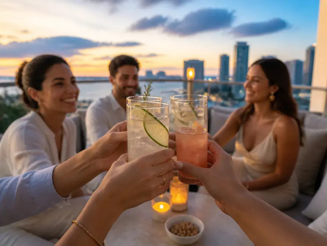 Friends sharing Touch cocktails at golden hour on a Tampa rooftop